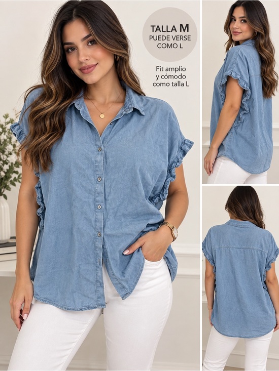 Hester & Orchard Tops - Relaxed Light Blue Button-Down Ruffle Sleeve Shirt